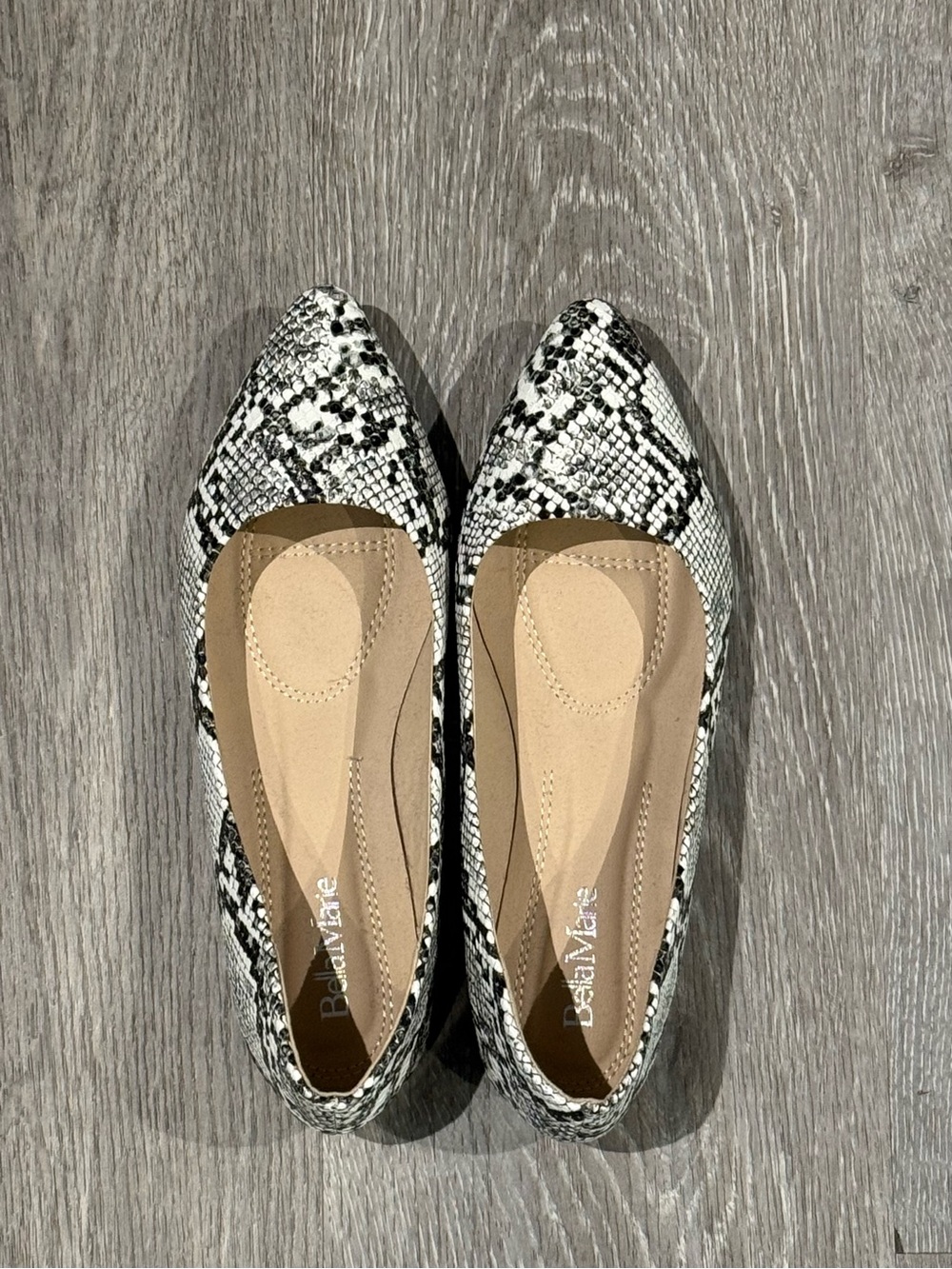 Bella Marie Black & White Snake-Print Pointed Flats